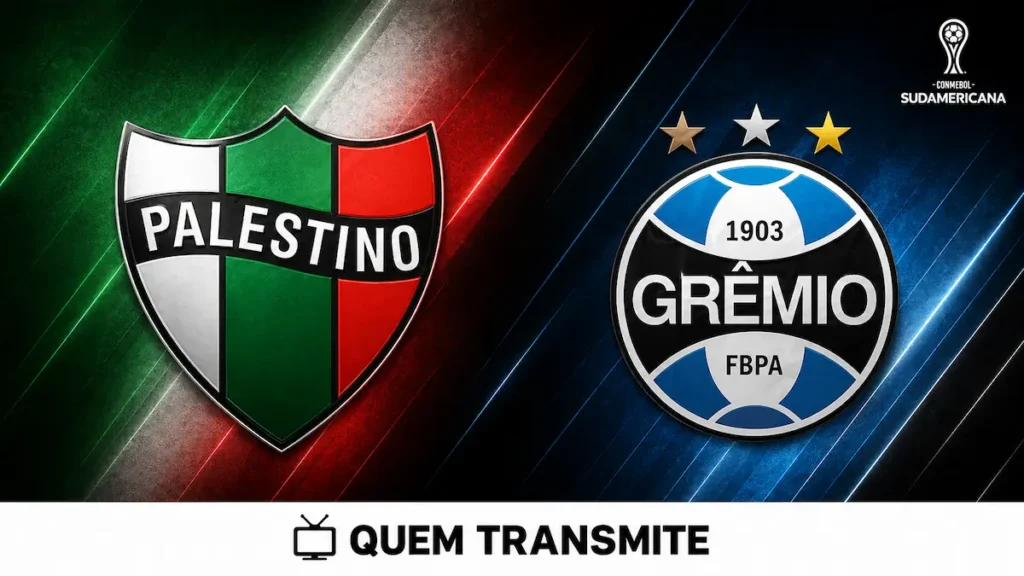 Escudos de Palestino e Grêmio no texto Palestino x Grêmio: onde assistir ao vivo horário e escalações - Copa Sul-Americana 2026