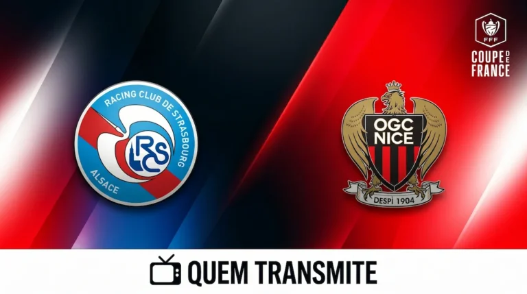 Escudos de Strasbourg e Nice no texto Strasbourg x Nice: assista ao vivo e com imagens - Copa da França 25/26
