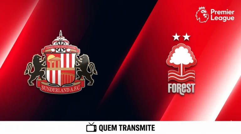 Escudos de Sunderland e Nottingham Forest no texto Sunderland x Nottingham Forest: assista ao vivo e com imagens - Premier League 25/26