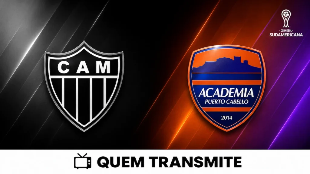 Escudos de Atlético Mineiro e Academia Puerto Cabello no texto Atlético Mineiro x Puerto Cabello AO VIVO: onde passa e horário – Sul-Americana 2026