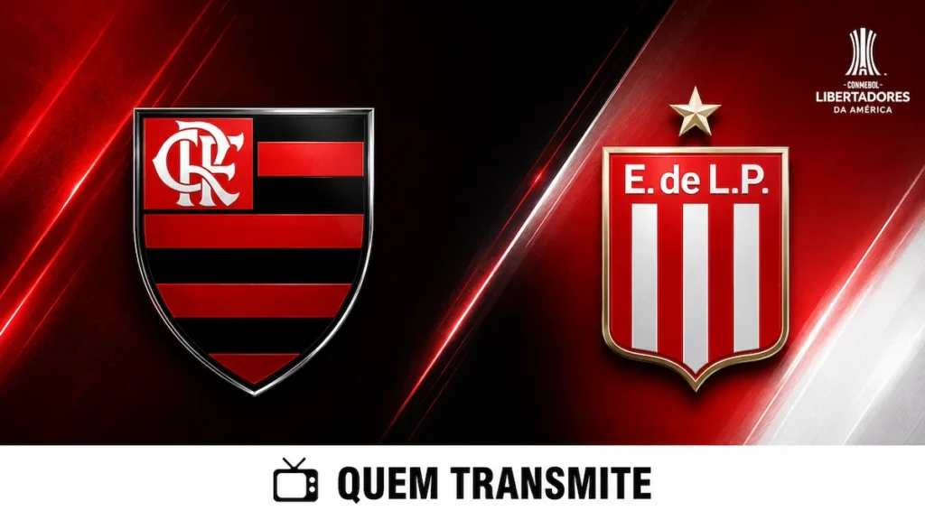 Escudos de Flamengo e Estudiantes no texto Flamengo x Estudiantes: veja onde assistir ao vivo e horário - Libertadores 2026.