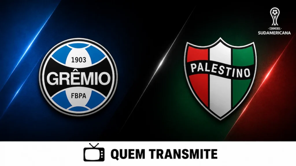 Escudos de Grêmio e Palestino no texto Grêmio x Palestino: veja onde assistir ao vivo e horário - Sul-Americana 2026.