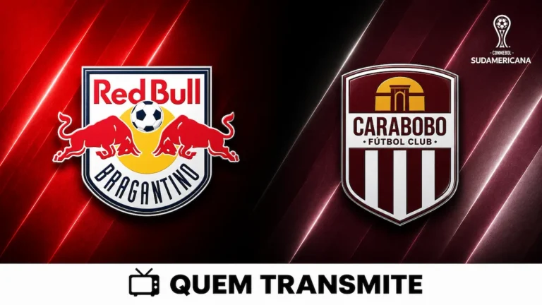 Escudos de Red Bull Bragantino e Carabobo no texto Red Bull Bragantino x Carabobo AO VIVO: onde passa e horário – Sul-Americana 2026.
