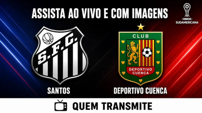 Escudos de Santos e Deportivo Cuenca no texto Santos x Deportivo Cuenca AO VIVO com imagens: assista agora – Sul-Americana 2026