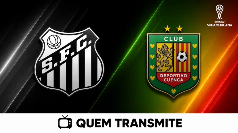 Escudos de Santos e Deportivo Cuenca no texto Santos x Deportivo Cuenca AO VIVO: onde passa e horário – Sul-Americana 2026.