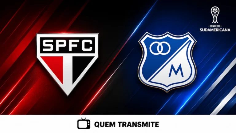 Escudo de São Paulo e Millonarios no texto São Paulo x Millonarios: veja onde assistir ao vivo e horário - Sul-Americana 2026.