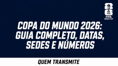 Imagem de destaque azul com o título 'Copa do Mundo 2026: Guia Completo, Datas, Sedes e Números' do site Quem Transmite e o logotipo oficial da FIFA.
