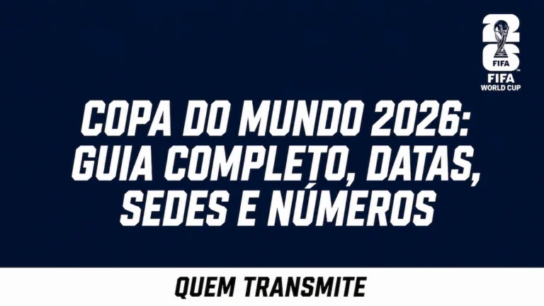 Imagem de destaque azul com o título 'Copa do Mundo 2026: Guia Completo, Datas, Sedes e Números' do site Quem Transmite e o logotipo oficial da FIFA.